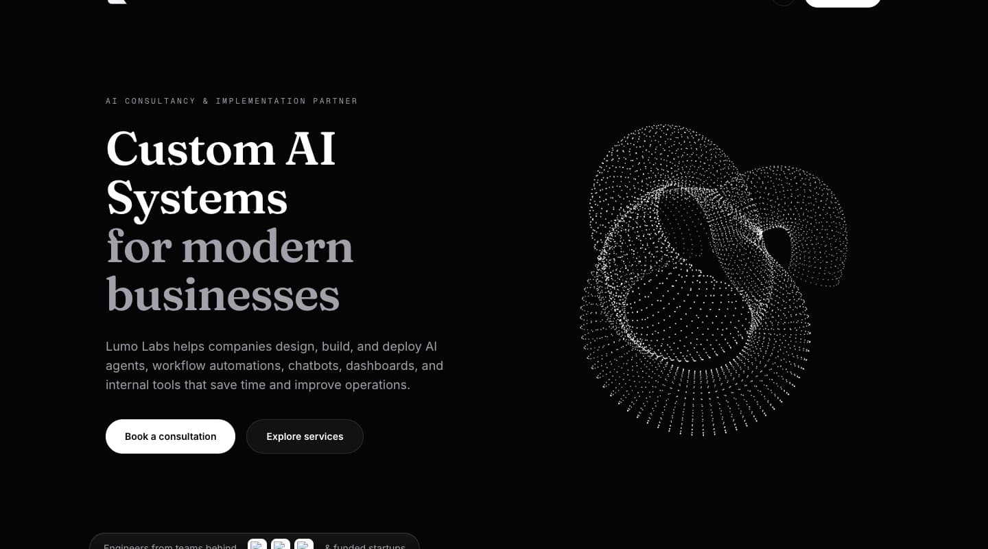 Lumo Labs hero: “Custom AI Systems for modern businesses”